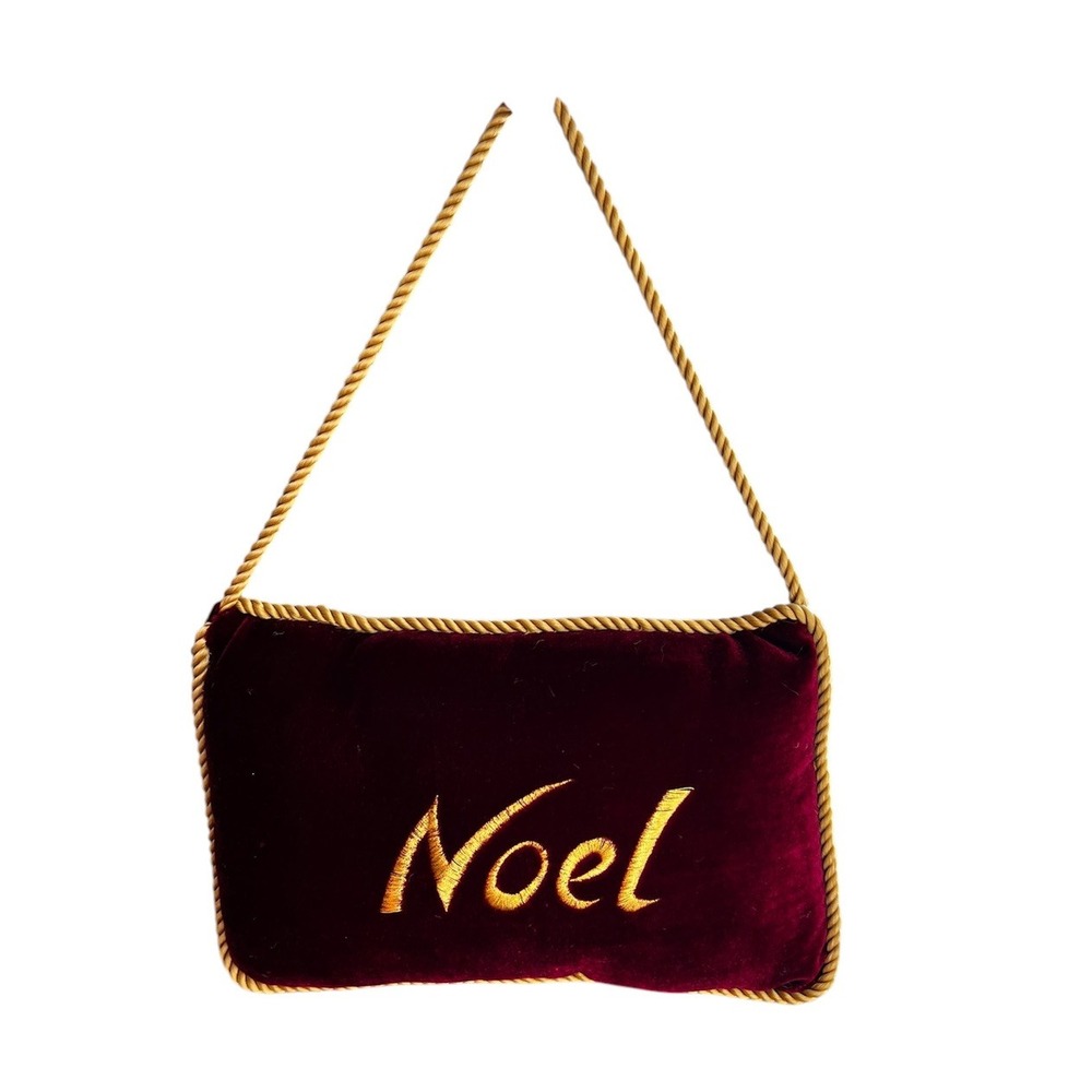 Mini Pillow Christmas Holiday Noel Door Hanger Burgundy Velvet Gold Corded Trim